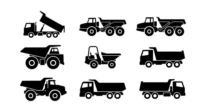 Construction dump truck silhouette icons set, heavy machinery and industrial tipper vehicle vector collection, 9 black mining and earthmoving truck symbols