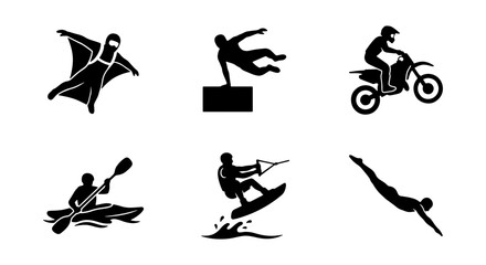 Extreme sports silhouette icons set, 6 black vector symbols of adrenaline activities, parkour and motocross athletes, wingsuit and water sports graphics © Rakib