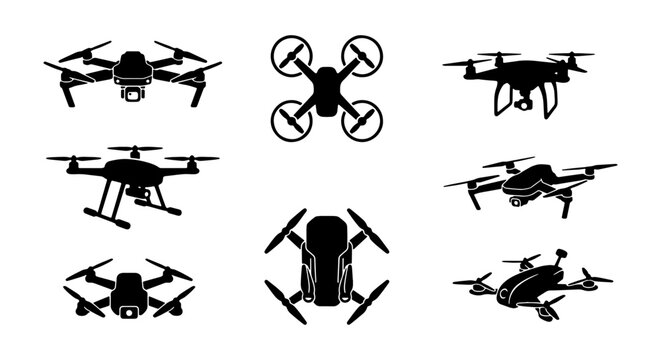 Modern drone silhouettes set, black quadcopter vector icons collection, aerial photography and surveillance technology symbols, 8 drone graphics