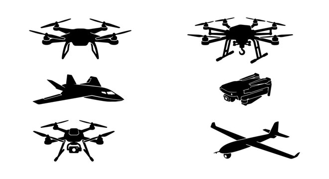 Military drone silhouettes and unmanned aerial vehicle set, 6 black vector icons of quadcopters and surveillance aircraft, modern uav technology collection