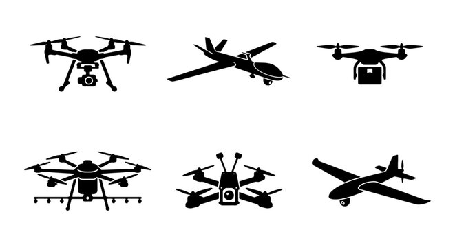 Unmanned aerial vehicle drone silhouette set, 6 black vector icons of multicopters and fixed-wing aircraft, remote controlled uav technology collection
