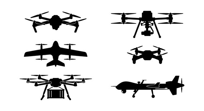 Unmanned aerial vehicle drone silhouettes set, 6 professional UAV vector icons, delivery and surveillance quadcopter aircraft collection