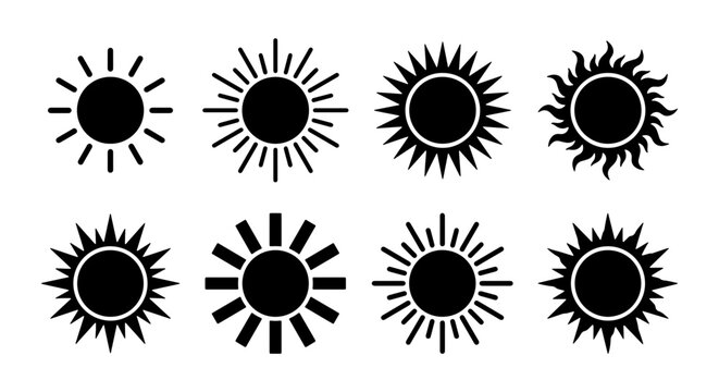 Minimalist sun icon set with 8 black vector silhouettes, geometric solar symbols for weather forecast, summer sunshine graphic elements for logo design