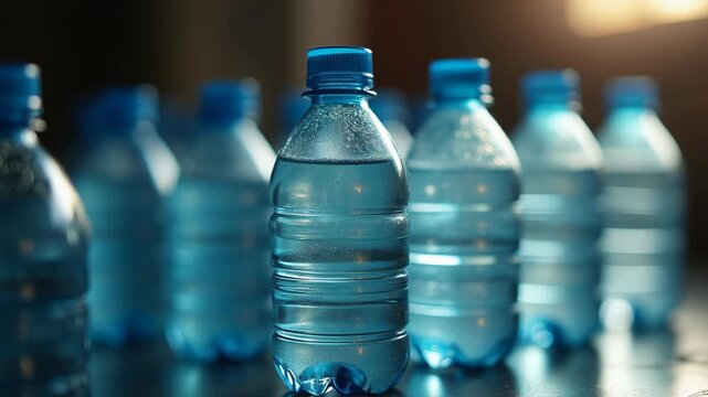Plastic Water Bottles with Condensation in Warm Light 
