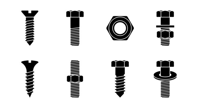 Industrial bolt and screw icon set, black metal fastener silhouettes, 8 hardware elements for construction and engineering projects, vector nut and washer graphics