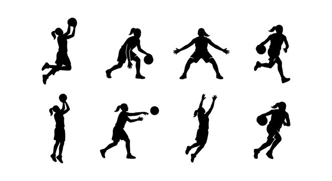Basketball player silhouettes set, female athletes playing basketball vector collection, black sports figures in action poses for team branding