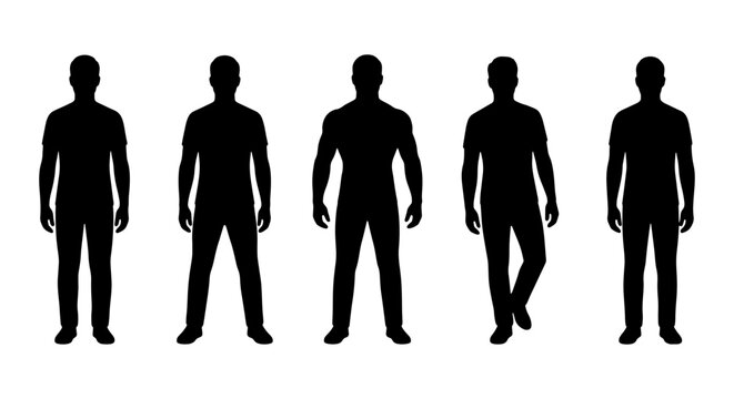 Male silhouette vector set, collection of 5 standing man silhouettes, black human figures in casual poses, adult male body shapes for design