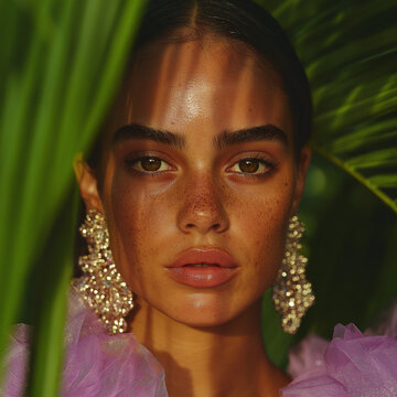 A freckled model with sparkling earrings appears through palm leaves. Moody editorial portrait with luxury beauty style.