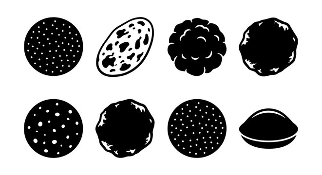 Minimalist black and white cookie icons, set of 8 flat vector biscuit illustrations, simple round snack symbols for bakery branding and food menus