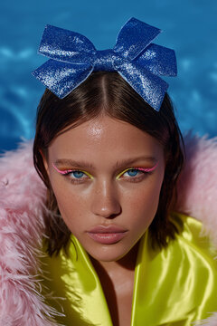 A beauty model with blue glitter bow and neon styling poses against vivid blue background. Contemporary fashion portrait with y2k aesthetics.