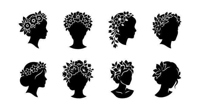 Elegant female head silhouette set with floral crowns, 8 black woman profile icons with flower wreaths, botanical hair accessory vector collection