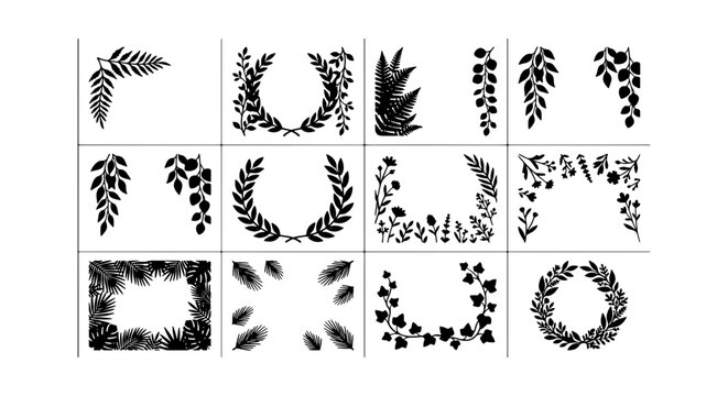Botanical leaf silhouettes and floral wreaths set, 12 decorative foliage borders and frames, black garden plant vector elements for wedding invitations