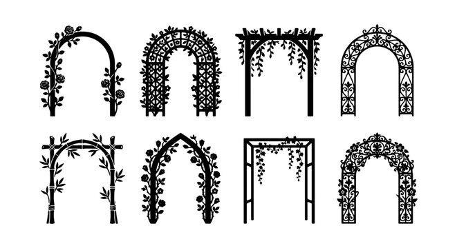 Garden arch silhouette collection, 8 decorative floral wedding arbor vector icons, ornamental trellis and pergola gate designs for landscaping