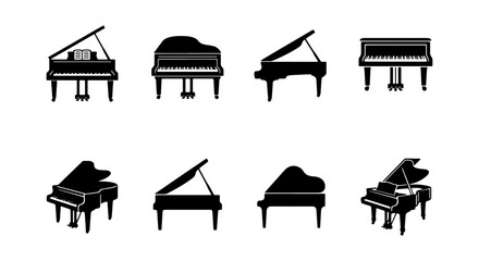 Grand piano vector icons set, black silhouette musical instrument collection, 8 classical piano symbols for concert posters and music education © Lamiya
