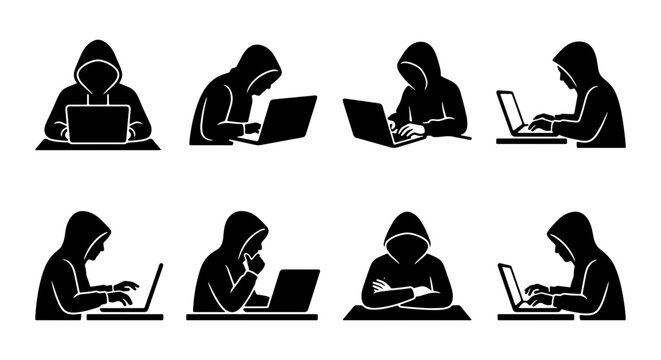 Cyber hacker silhouette icons, hooded programmer using laptop computer set, black vector illustrations of anonymous internet criminals and coders