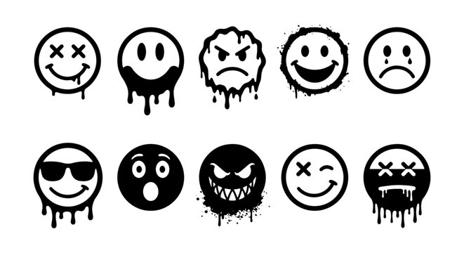 Graffiti smiley face icons with melting paint drips, set of 10 street art emoji vectors, urban grunge emoticon collection for streetwear design
