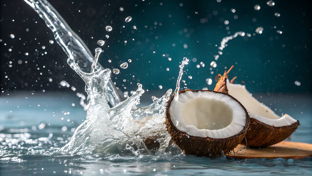 Coconut Half Splashing Water Dynamic Action Tropical Fruit Refreshment