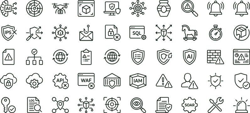 Cybersecurity intrusion monitoring protection outline icon set featuring firewall authentication analytics vector collection for dashboards interfaces applications network defense systems