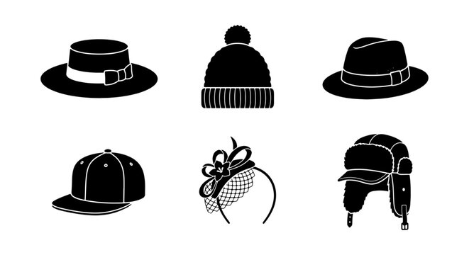 Vintage hat icon set with 6 black vector silhouettes, classic headwear collection including fedora, beanie, baseball cap, and winter ushanka