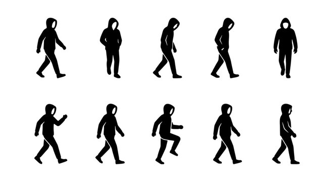 Hooded man silhouette set, black male figure in hoodie walking and standing, 10 vector character poses, suspicious person or hacker icons