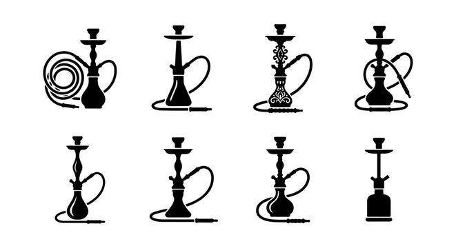 Hookah silhouette icons set, black shisha water pipe vector collection, 8 oriental smoking equipment symbols for lounge bar menu and branding