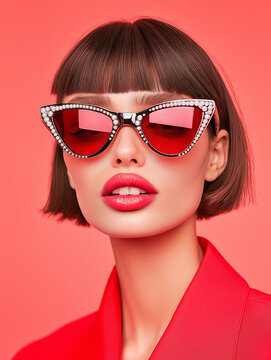 Young woman in red crystal sunglasses on coral background. Bold pop fashion portrait with vibrant y2k aesthetics and trendy attitude.