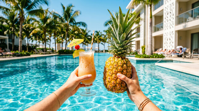 Hands holding a pineapple and a tropical cocktail by a sunny resort swimming pool