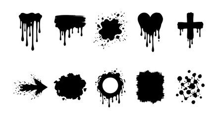 Black dripping paint splatter set, 10 grunge ink blot vector elements, liquid spray drip heart and arrow shapes for street art design © Omar