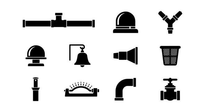Industrial plumbing and fire safety icons, black silhouette pipe fittings and sprinkler system set, 11 vector elements for engineering and construction