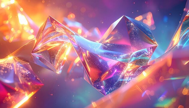 Shimmering translucent geometric shapes morphing and reforming to represent quantum computing processes and high speed data flow in a vibrant and futuristic digital environment.