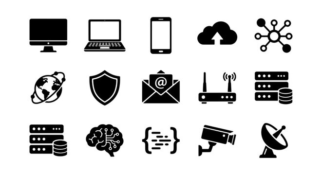 Modern technology icons set, 15 black vector silhouettes of computer hardware and networking symbols, digital infrastructure and internet connectivity graphics