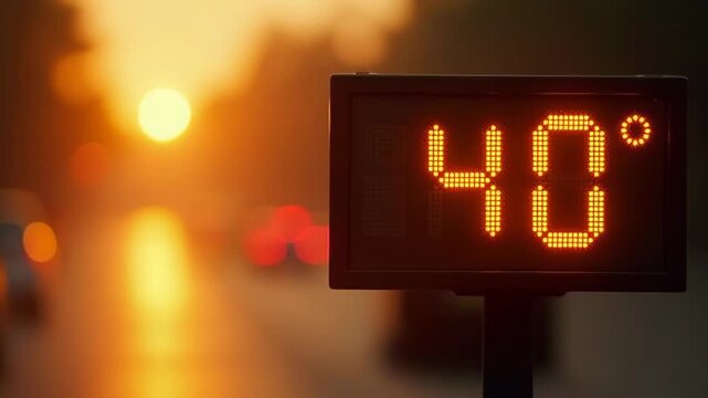 Heat wave infrastructure High temperature display shows 40 C during sunset, capturing warm glow of evening light and traffic 
