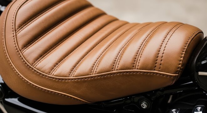 Close up view of a brown stitched leather seat on a motorcycle.