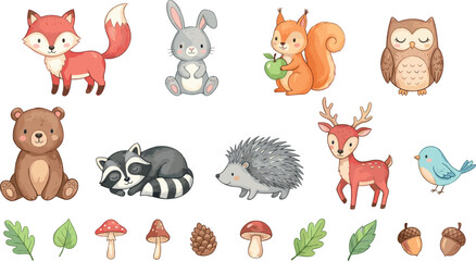 Adorable kawaii vector illustration set of cute woodland animals featuring fox rabbit squirrel owl bear raccoon hedgehog and deer with forest leaves mushrooms and acorns for nursery.  © Sariful
