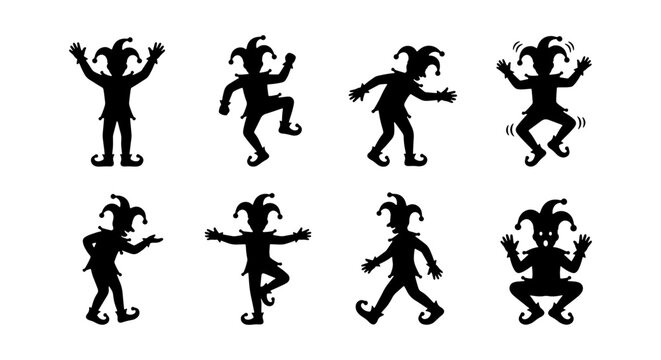 Jester silhouette collection, set of 8 medieval harlequin characters in various poses, black clown and joker vector icons for carnival and theater design