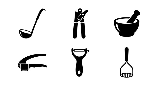Minimalist kitchen utensil icon set, black silhouette cooking tools collection, 6 vector culinary equipment symbols for restaurant menus and food apps