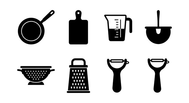 Minimalist kitchen utensils icon set, black solid vector cooking tools collection, 8 culinary equipment symbols for food preparation and restaurant menus