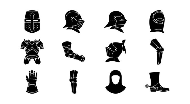 Medieval knight armor set, 12 black silhouette icons of warrior equipment, ancient metal protective gear for battle and history projects