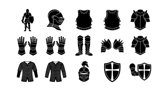 Medieval knight armor icons set, black silhouette warrior equipment collection, 15 vector elements of middle ages battle gear and protective suits