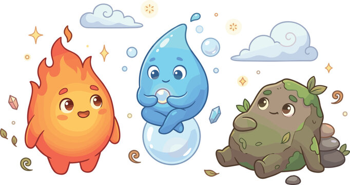 Adorable kawaii vector illustration of cute personified fire water and earth elemental characters with happy faces clouds and stars perfect for nature science and environmental themes.
