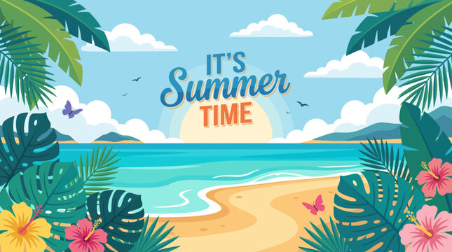 This sunny illustration depicts a beautiful summer beach scene filled with palm trees, vibrant flowers, and serene ocean waves, ideal for evoking summer vibes.