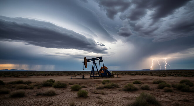 Oil pump jack under stormy sky reflecting volatility in the global oil and gas market.