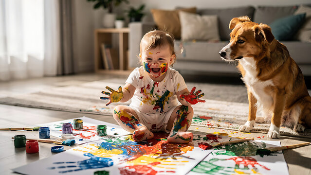Toddler Making Mess Living Room Child Behavior Playful Chaos Concept
