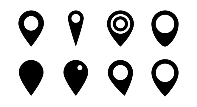 Minimalist map pin icons set, black location pointer vector collection, 8 navigation markers for web design and mobile apps