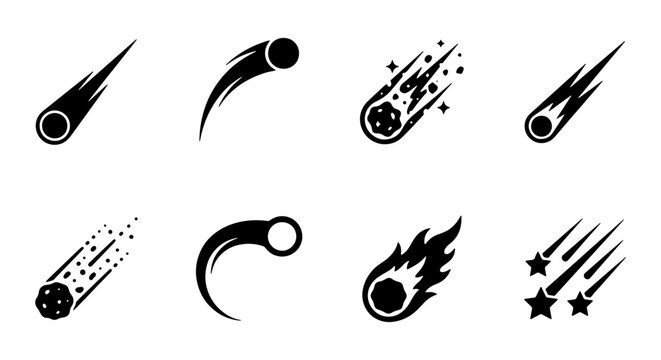 Meteor and comet icon set, black celestial asteroid vector collection, falling shooting star silhouettes for astronomy and space design