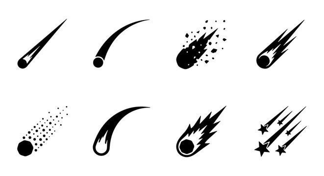 Meteor and comet icon set, black celestial falling star silhouettes, 8 vector astronomical elements for space science and astrology design