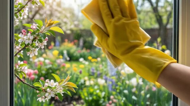 Hand in yellow glove cleaning window with view of spring garden  
