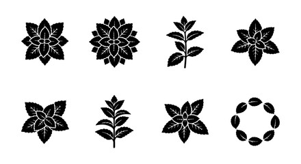 Black mint leaf icons set, 8 herbal peppermint vector elements, organic spearmint foliage silhouettes for tea packaging and culinary branding © Tanzina