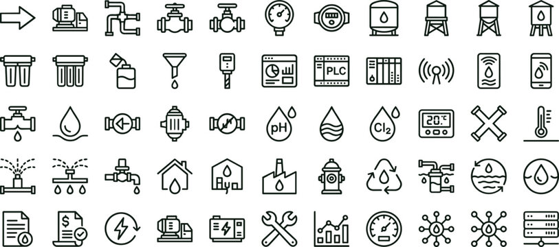 Water treatment pipeline monitoring outline icon set featuring valve sensor filtration control infrastructure vector collection for dashboards interfaces utilities engineering systems