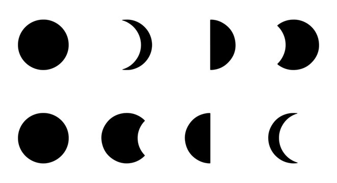 Minimalist moon phases icon set, black lunar cycle silhouettes, celestial astronomy vector elements, 8 moon shape symbols for calendar design